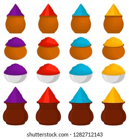 Illustration theme big colored set different types colorful bowls, powder for Holi. Bowl pattern consisting of collection accessory powder to holi festival. Powder holi as bowl for celebrate holiday.