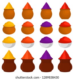 Illustration theme big colored set different types colorful bowls, powder for Holi. Bowl pattern consisting of collection accessory powder to holi festival. Powder holi as bowl for celebrate holiday.