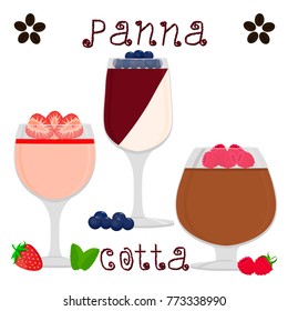 Illustration in theme for jelly blueberry pudding panna cotta. Jelly pattern consisting of natural sweet food pudding blueberry panna cotta. Eat fresh fruit jelly blueberry panna cotta in red pudding.
