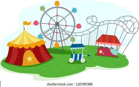 Illustration of a Theme Park with Rides