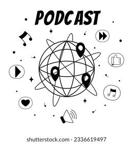 illustration theme podcast, interaction with people, communication with people from anywhere in the world, line vector