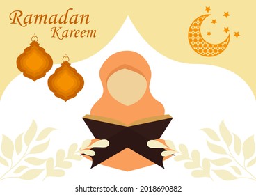 Illustration with the theme of Ramadan Kareem, with a Muslim woman reading the Qur'an