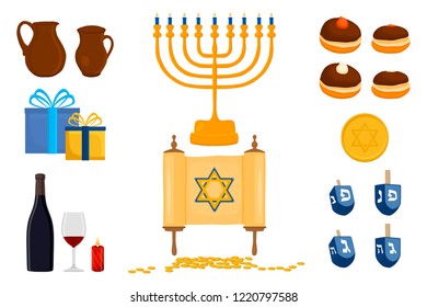 illustration for theme wooden dreidel Hanukkah, doughnut to big Israel holiday. Hanukkah pattern consisting of Israel dreidel, tasty meal doughnut. Accessory of Israel Hanukkah it doughnut and dreidel