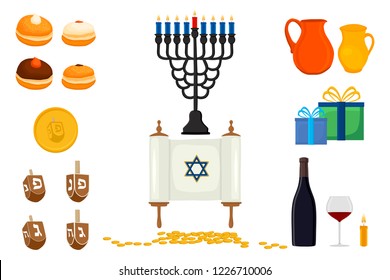illustration for theme wooden dreidel Hanukkah, doughnut to big Israel holiday. Hanukkah pattern consisting of Israel dreidel, tasty meal doughnut. Accessory of Israel Hanukkah it doughnut and dreidel