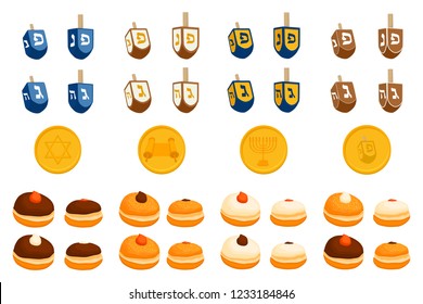 illustration for theme wooden dreidel Hanukkah, doughnut to big Israel holiday. Hanukkah pattern consisting of Israel dreidel, tasty meal doughnut. Accessory of Israel Hanukkah it doughnut and dreidel