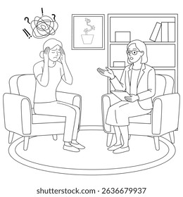 Illustration of a therapist talking to a distressed patient in a cozy office setting. Mental health counseling session concept