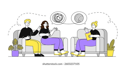 Illustration of a therapy session with three people sitting on couches, discussing emotions. Thought bubbles depict tangled and untangled lines, symbolizing mental clarity. Vector illustration