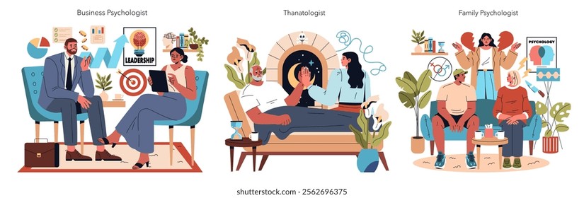 An illustration of therapy sessions between mental health professionals and clients, showcasing diverse approaches