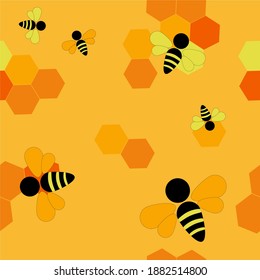 illustration. there are bees in the honeycomb.  seamless vector patterns on orange background.