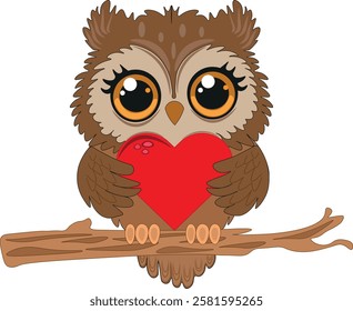  In the illustration, there is a cartoon owl with big round eyes and brown feathers. Owl holding a big red heart