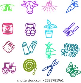 Illustration of there is a set of icon about gardening and related tools or animals in the style of clip art.