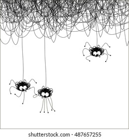 Illustration . There are three spider hanging on spiderweb.