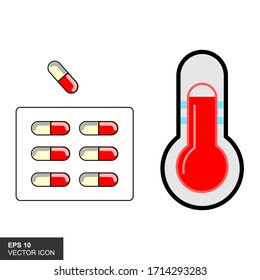 Ilustración de termómetro y cápsula, icono vectorial con estilo plano.Fondo blanco aislado.