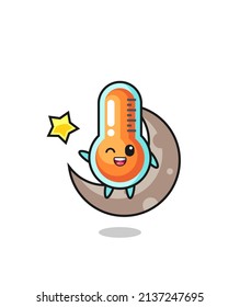 illustration of thermometer cartoon sitting on the half moon , cute style design for t shirt, sticker, logo element
