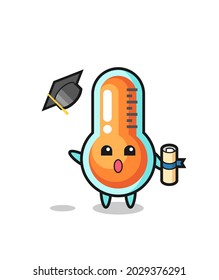 Illustration of thermometer cartoon throwing the hat at graduation
