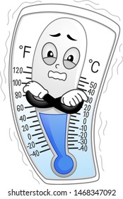 Illustration of a Thermometer Mascot Shivering and Hugging Itself in Cold