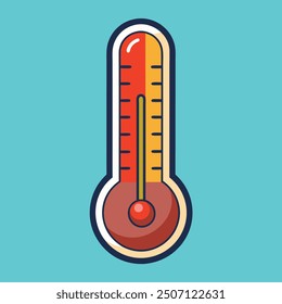 Illustration of a thermometer with nature scene, clouds, and plants.
