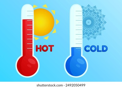 Illustration of thermometers showing summer heat and winter cold, perfect for climate and weather-related designs. Featuring hot and cold thermometers.