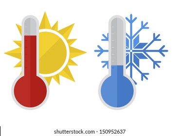 ilustración de termómetros con copo de nieve y sol, de estilo plano