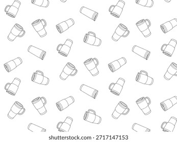 Illustration of thermos mugs in a repeating pattern on a white background, perfect for winter coffee shop themes and seasonal menu designs with copy space