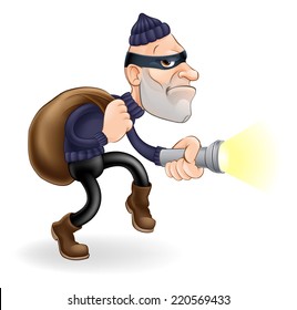 An Illustration Of A Thief Or Burglar Cartoon Character With Torch And Sack