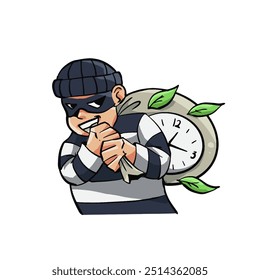 Illustration of a thief carrying a sack containing a clock