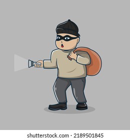 Illustration of a thief carrying a sack and a flashlight