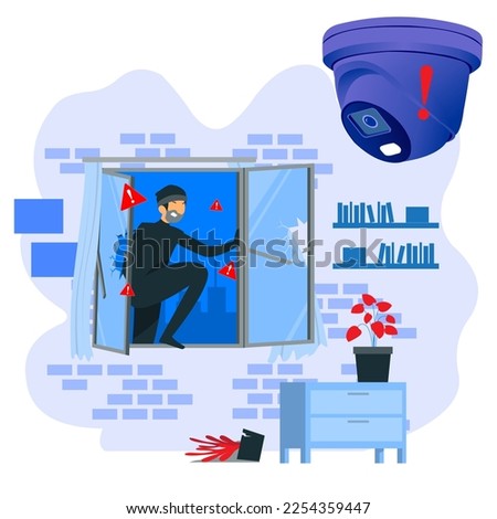 illustration of a thief caught on a cctv camera while climbing a window. An intruder who enters the house is detected by a security camera