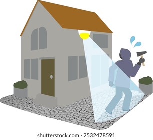 Illustration of a thief in a hurry when illuminated by a security sensor light.