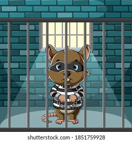 The illustration of thief mouse standing and chained in the old jail