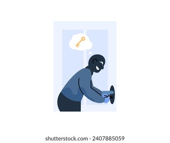 an illustration of a thief or robber trying to open a house door with a lockpick. try to open the locked door. Lockpicking. criminal activity or criminal acts. cartoon illustration design. graphic