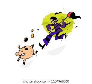 Illustration of a thief running after a piggy bank with a net. Vector illustration. Image is isolated on white background. A cartoon thief is trying to catch a piggy bank. In pursuit of profit.  