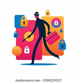ilustración un ladrón robando contraseñas y datos sensibles, diseño plano minimalista, vector