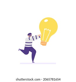 illustration of a thief trying to steal someone else's idea. catch the light. plagiarism, a symbol of uncreative people. flat cartoon style. vector design
