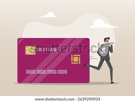 An illustration of a thief wearing a mask, running away with a sack marked with a dollar sign next to a large credit card. Financial robbery concept