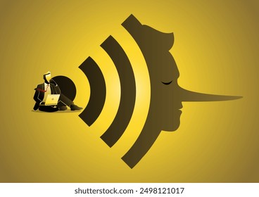 An illustration of thieves using laptops spread fake news using wifi networks. Hoax concept vector illustration