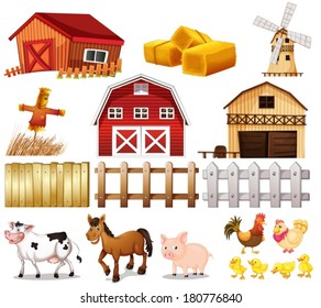 Illustration of the things and animals found at the farm on a white background
