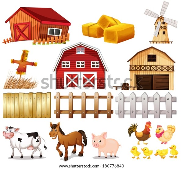 Illustration of the things and animals found at the farm on a white background