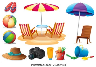 Illustration of the things found at the beach during summer on a white background