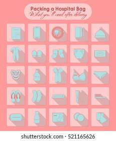 Illustration of things that you'll need after delivery. Packing a hospital bag