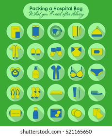 Illustration of things that you'll need after delivery. Packing a hospital bag