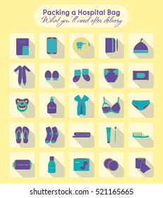 Illustration of things that you'll need after delivery. Packing a hospital bag
