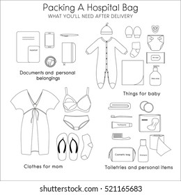 Illustration of things that you'll need after delivery. Packing a hospital bag