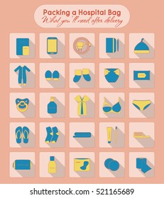 Illustration of things that you'll need after delivery. Packing a hospital bag