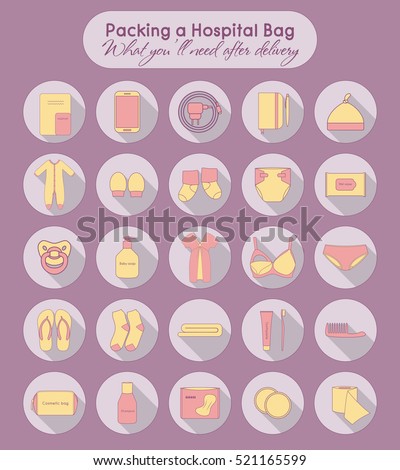 Illustration of things that you'll need after delivery. Packing a hospital bag