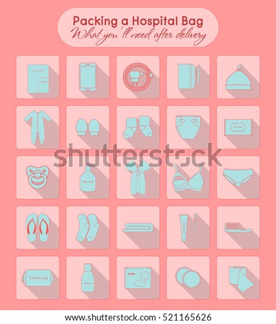 Illustration of things that you'll need after delivery. Packing a hospital bag