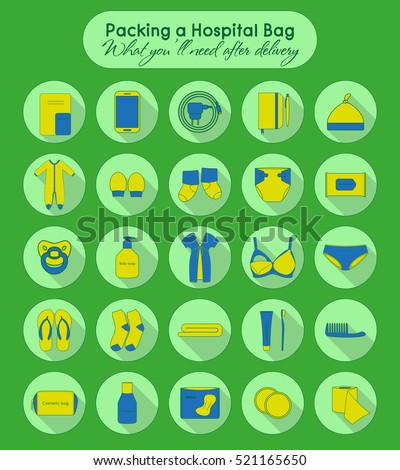 Illustration of things that you'll need after delivery. Packing a hospital bag