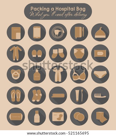 Illustration of things that you'll need after delivery. Packing a hospital bag