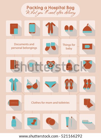 Illustration of things that you'll need after delivery. Packing a hospital bag