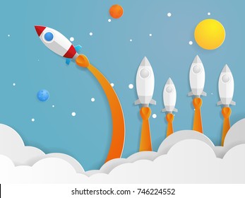 illustration of think different concept, red rocket flying new direction from other rocket vector paper art business concept